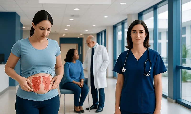 Medical professionals and a patient in a hospital corridor.