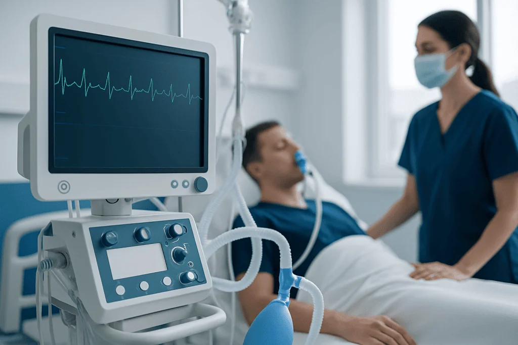 Hospital patient connected to monitoring equipment with nurse nearby.