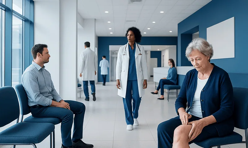Patients waiting in a modern hospital corridor with medical staff present.