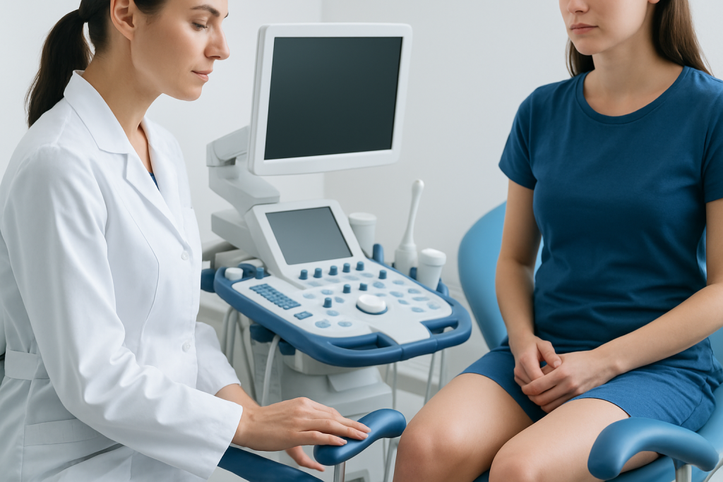 Medical examination of a woman by a healthcare professional in a clinic setting.