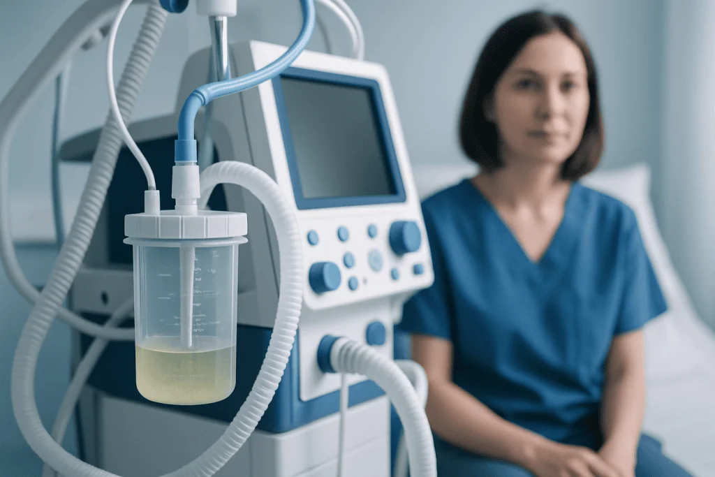 Medical ventilator and patient in hospital room for respiratory care.