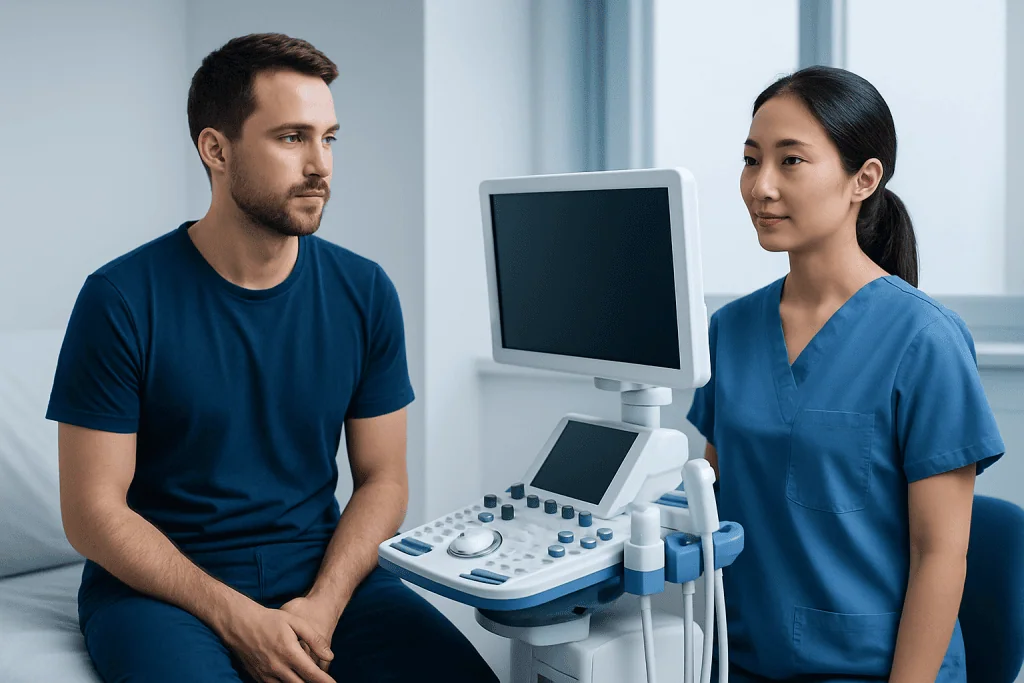 Patient consulting with a healthcare professional using an ultrasound machine.