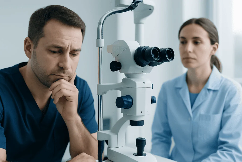 Medical professionals examining a microscope in a clinical setting.