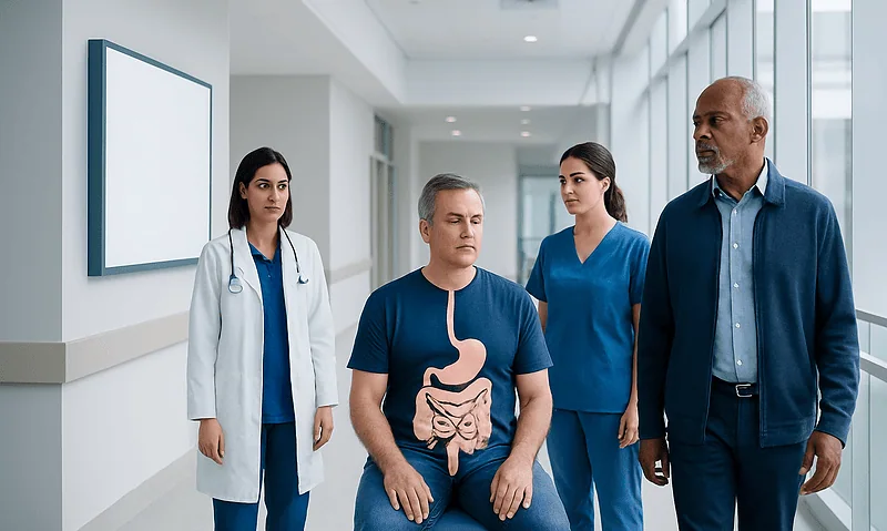 Medical team discussing digestive health in hospital corridor.