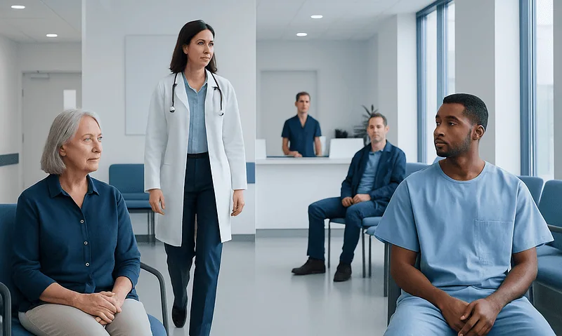 Doctor consulting with elderly and young patients in hospital waiting area.