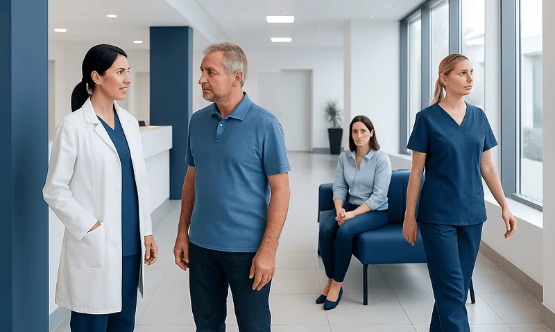 Medical professionals and patient in hospital corridor at Acibadem Hospitals Group.