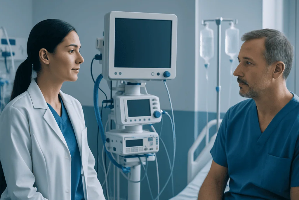 Medical professionals discussing patient care in hospital room.