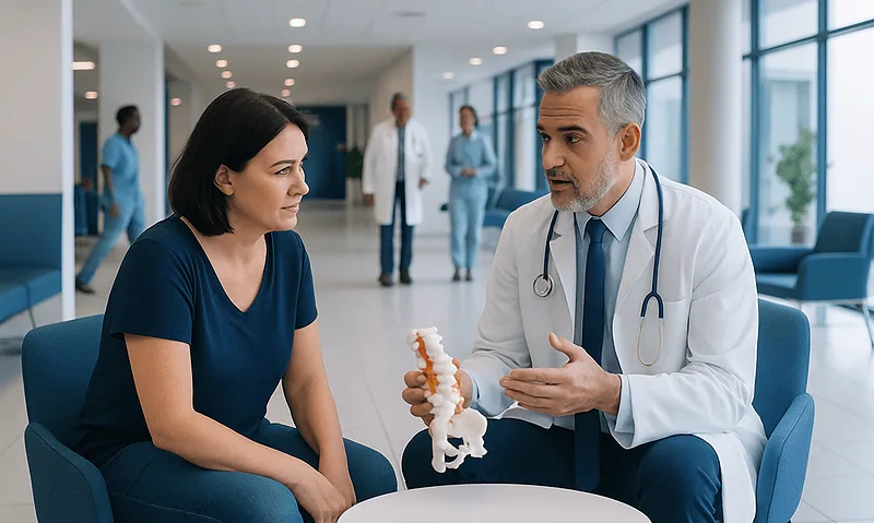Doctor explaining spinal disc issues to a patient in a hospital setting.