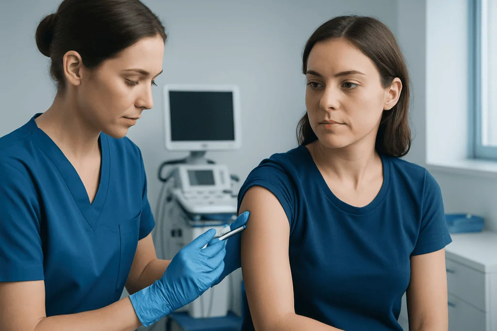 Nurse preparing a vaccine injection for a young woman in a medical clinic.