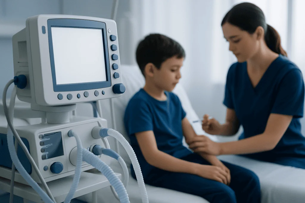 Child receiving medical care in a hospital setting with monitoring equipment nearby.