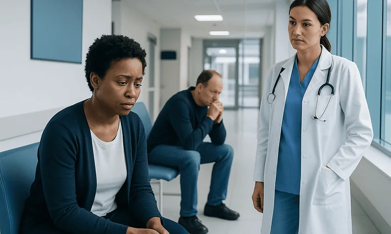 Healthcare professionals and patients in a hospital corridor.