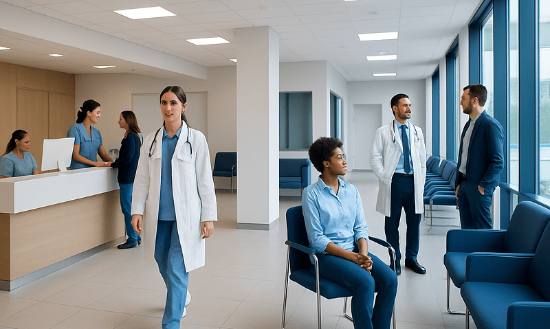 Medical staff and patients in a modern hospital waiting area.