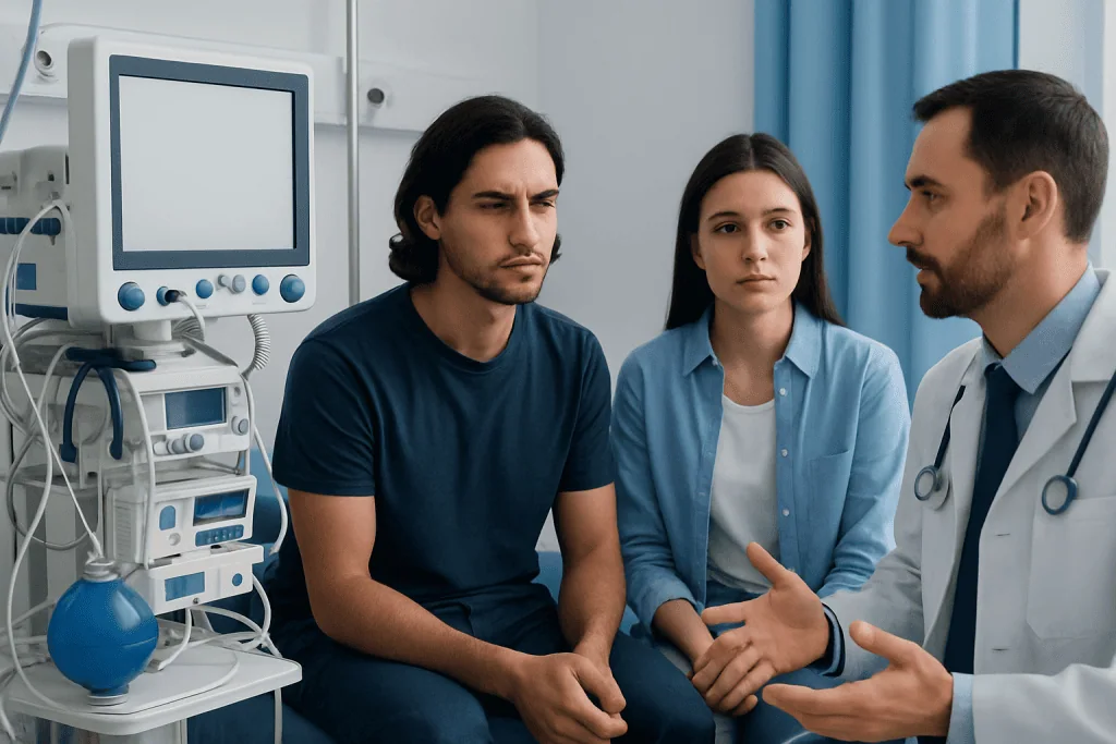 Doctor discussing mental health with a patient and companion in a hospital room.