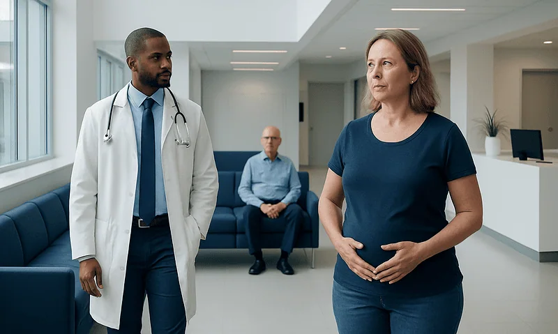 Doctor consulting with a patient in a modern hospital lobby.