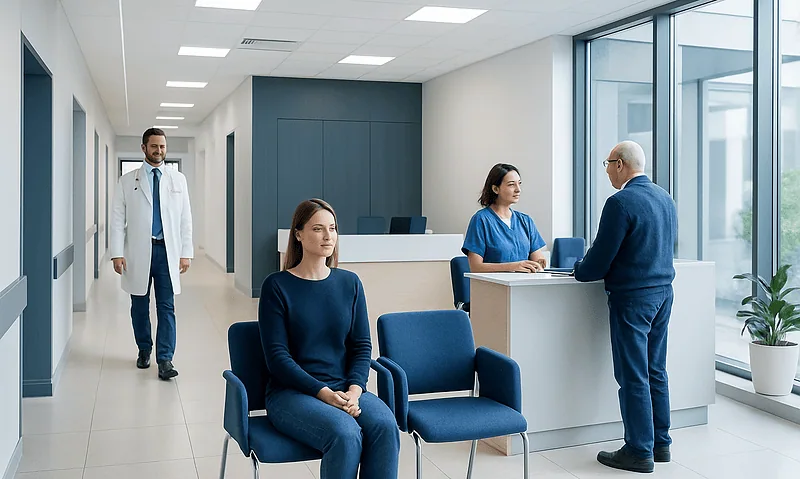 Medical consultation in a modern hospital reception area with doctors and patient.