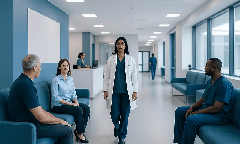 Medical consultation in a modern hospital corridor with diverse patients and staff.