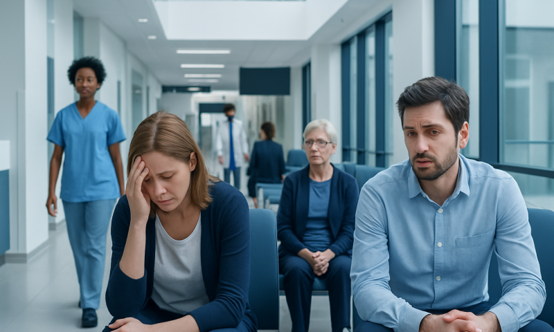 Patients waiting in a hospital corridor, showing distress and concern.