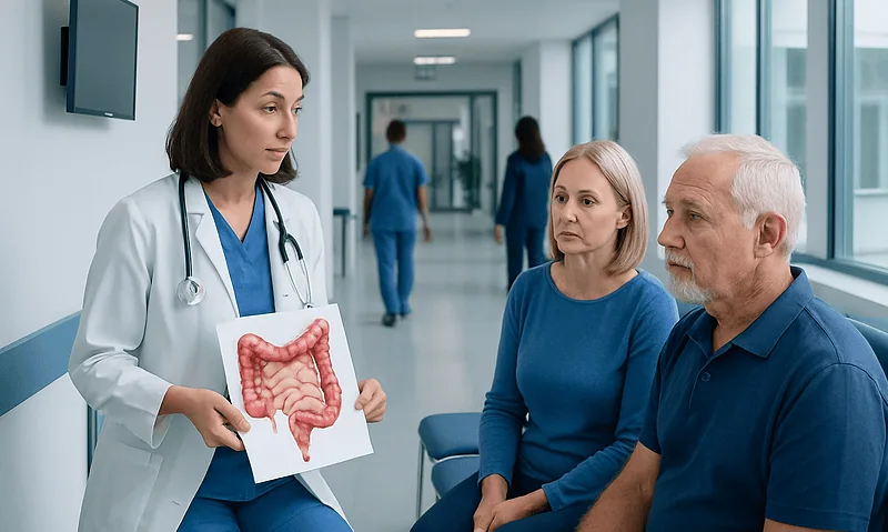 Doctor explaining colon health to patients in a hospital corridor.