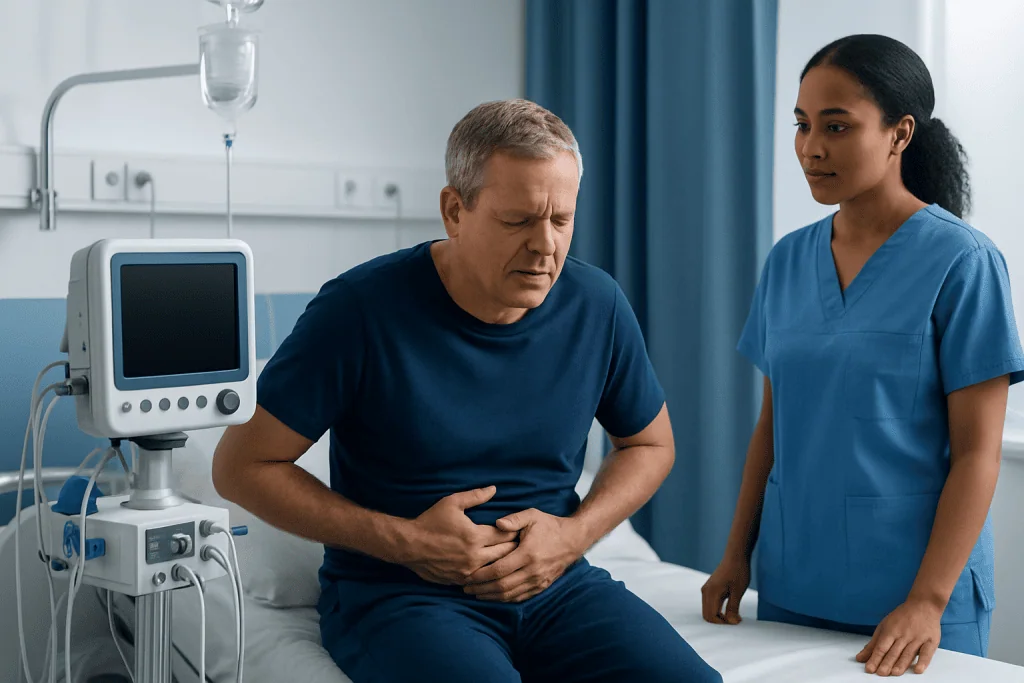 Patient experiencing abdominal pain in hospital bed with medical staff nearby.