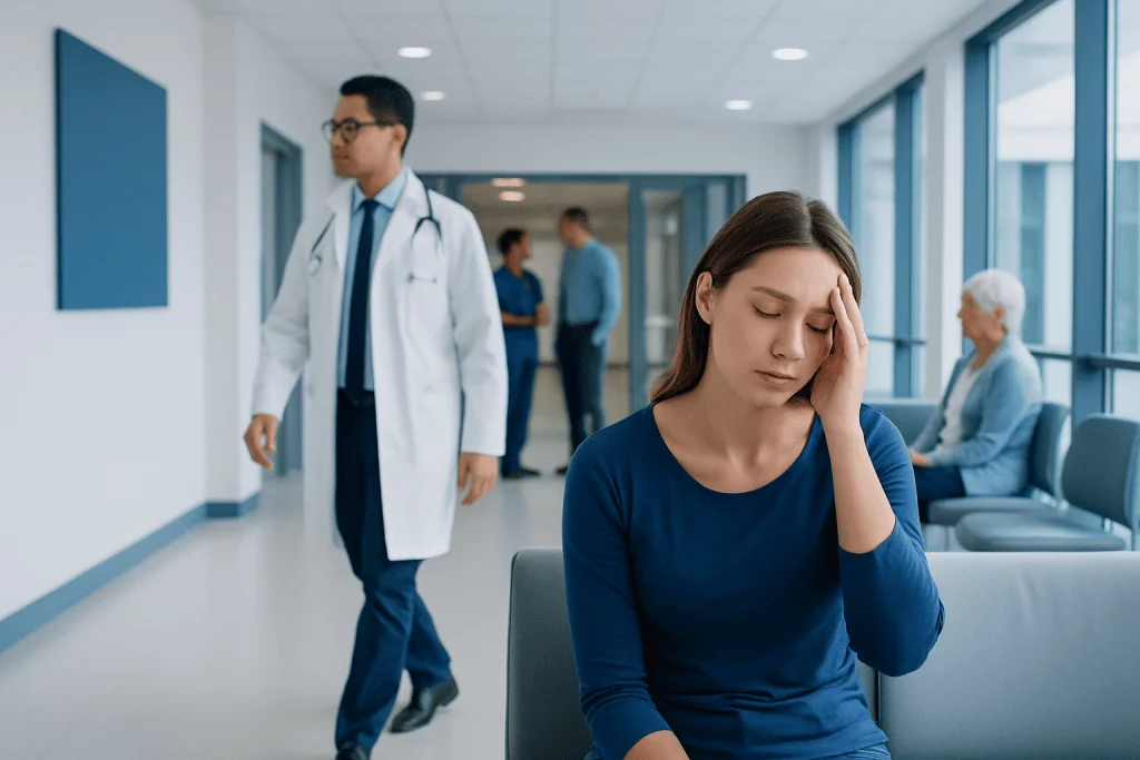 Dizzy Spells Explained: Common Triggers and Red Flags 1 Young woman with headache in hospital corridor, doctor walking by in background.