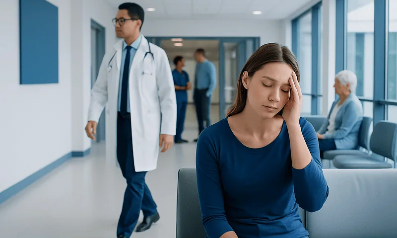 Young woman with headache in hospital corridor, doctor walking by in background.