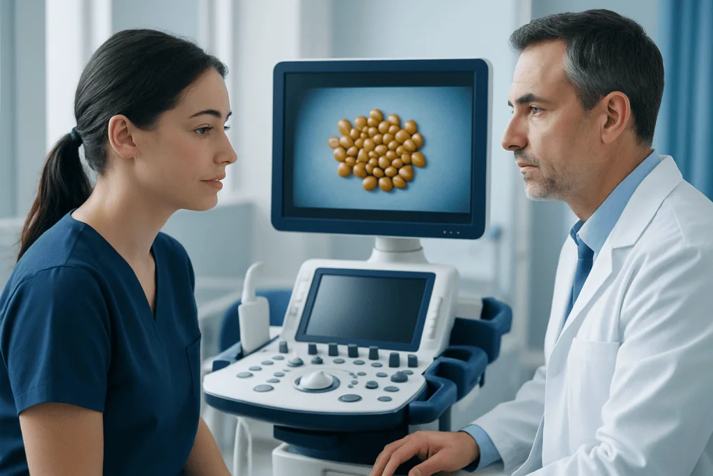 Doctor explaining egg analysis to a patient in a medical consultation room.