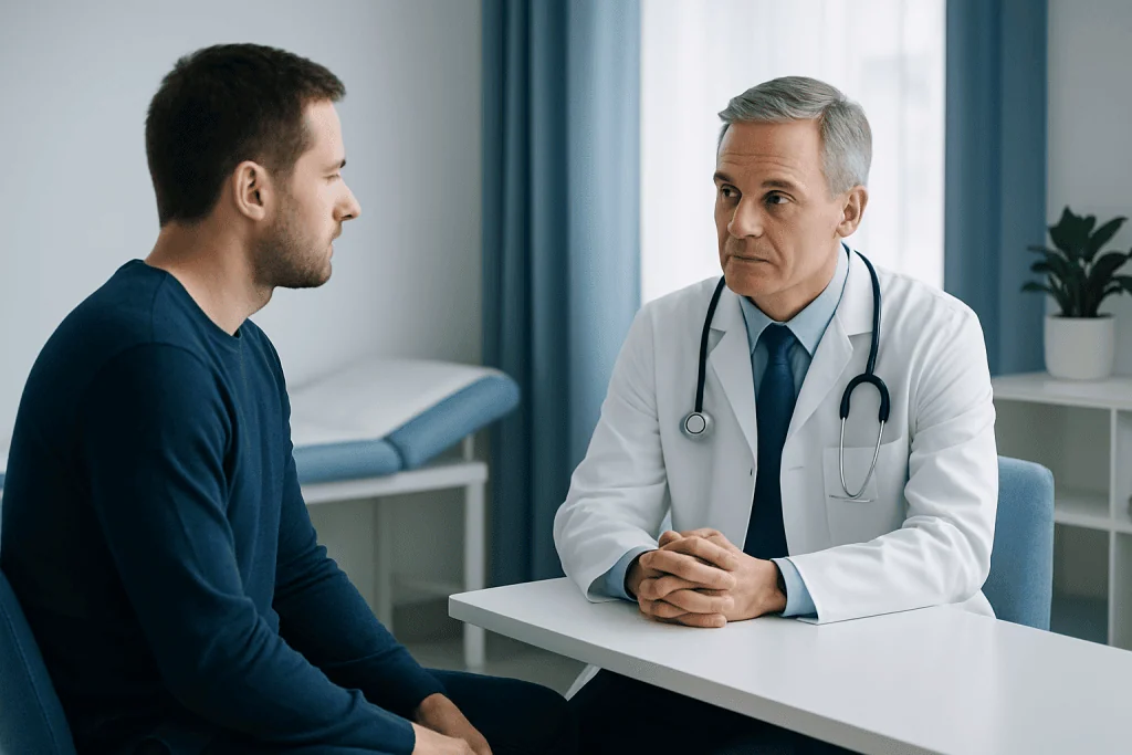Doctor consulting with a patient in a medical office setting.