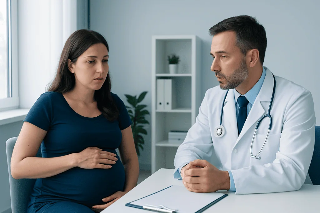 Pregnant woman consulting with a doctor in a medical office.