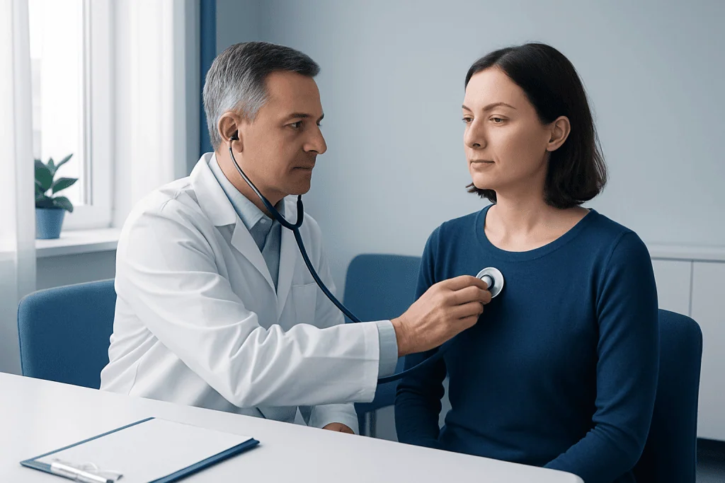 Doctor using stethoscope to examine female patient in clinic setting.