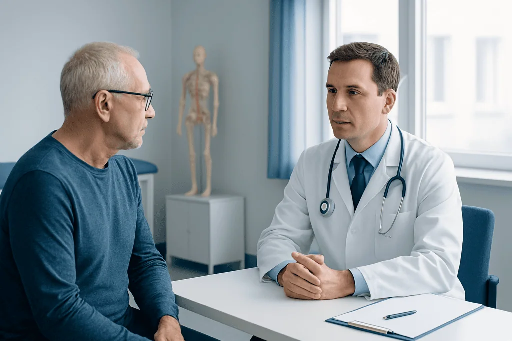 Doctor consulting with an elderly patient in a medical office.