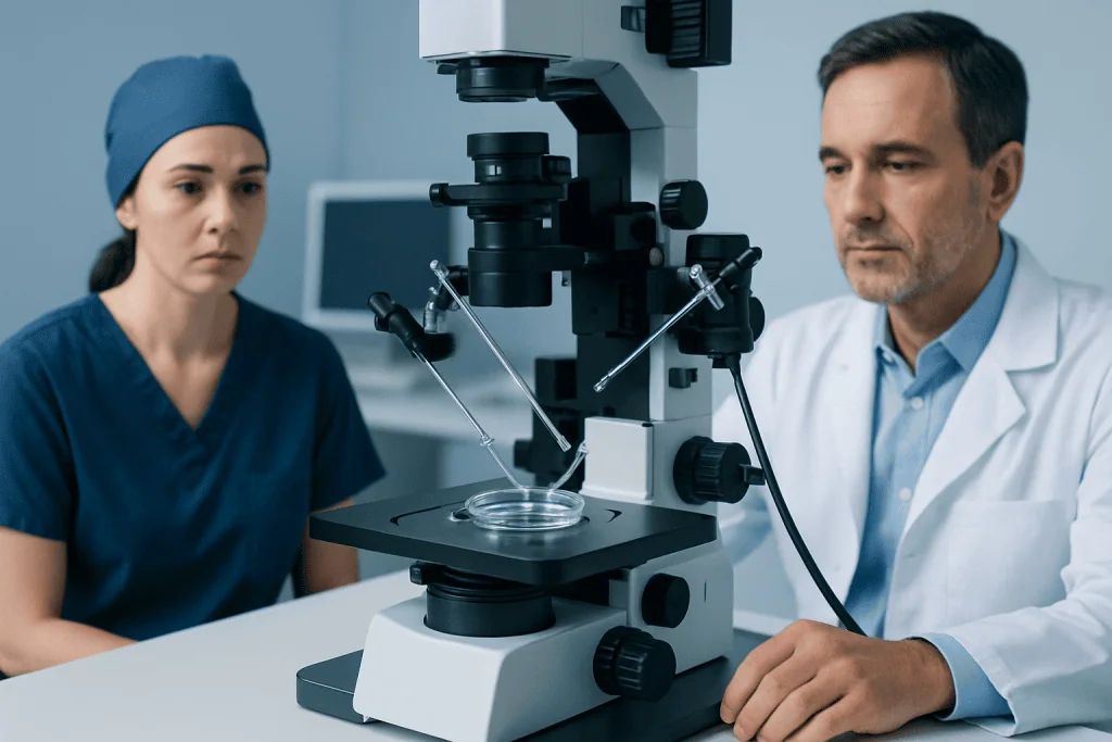 Fertility specialist and nurse examining microscope in a medical lab.