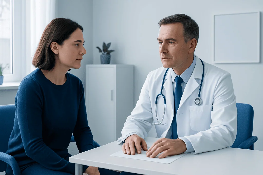 Doctor consulting with a female patient in a medical office setting.