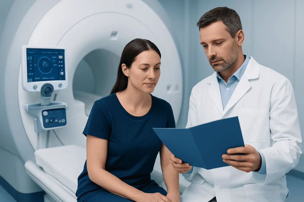 Doctor explaining test results to a patient in a medical imaging room.