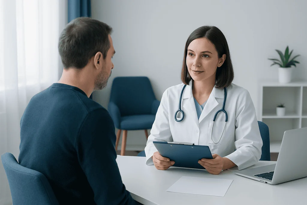 Doctor consulting with patient in a modern medical office.