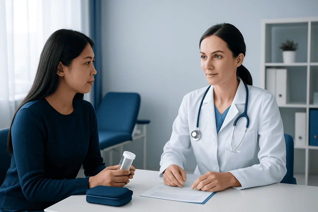Doctor consulting with patient about medication storage and safety.