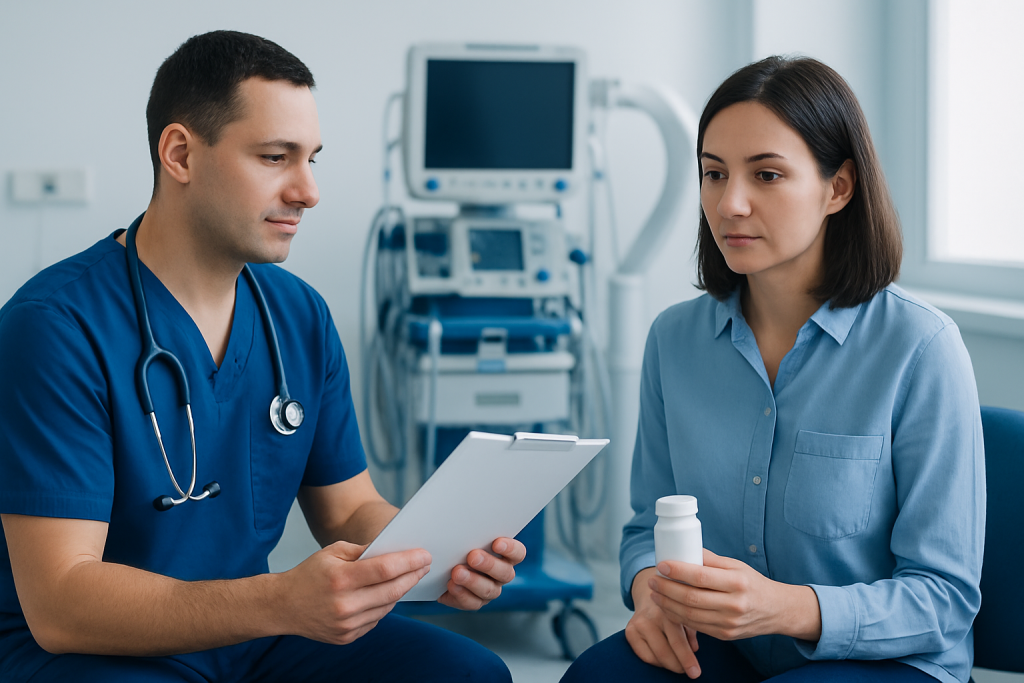 Doctor consulting with patient about medication management in hospital.