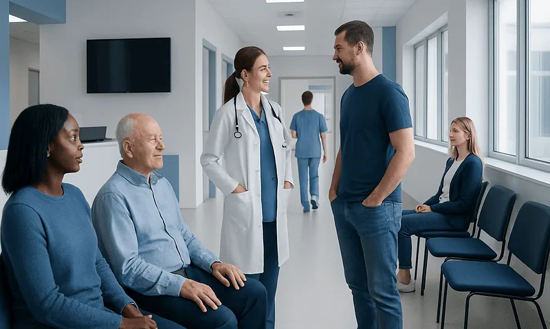 Healthcare professionals and patients in a hospital corridor engaging in conversation.