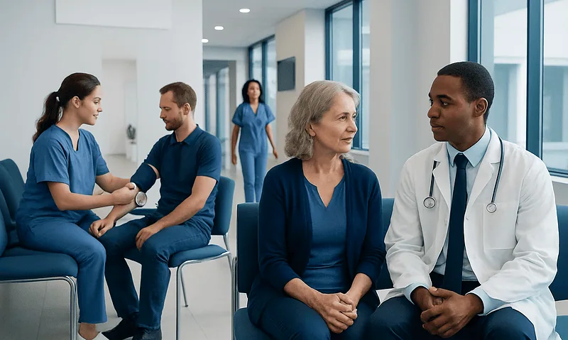Healthcare professionals and patients in a hospital waiting area.
