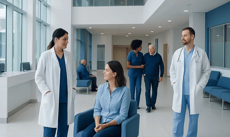 Healthcare professionals and patient in a modern hospital lobby.
