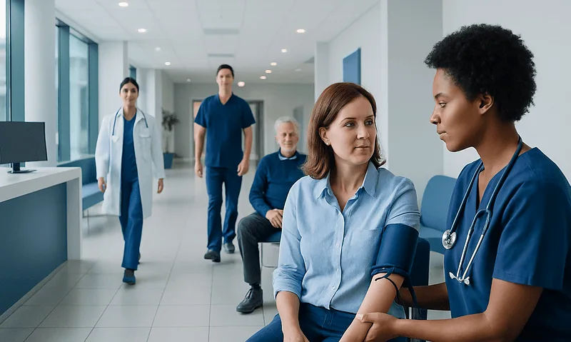 Healthcare professionals measuring blood pressure in a hospital setting.