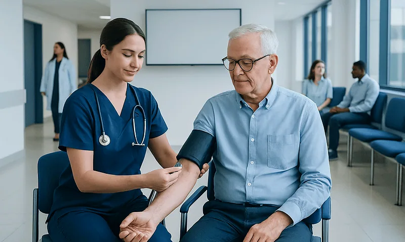 Nurse measuring senior man's blood pressure in hospital setting.