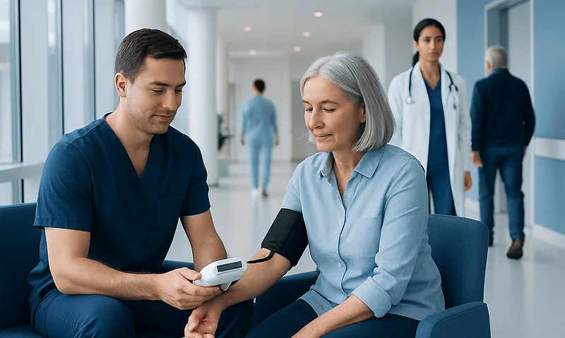 Healthcare professional measuring blood pressure of an elderly woman in hospital.