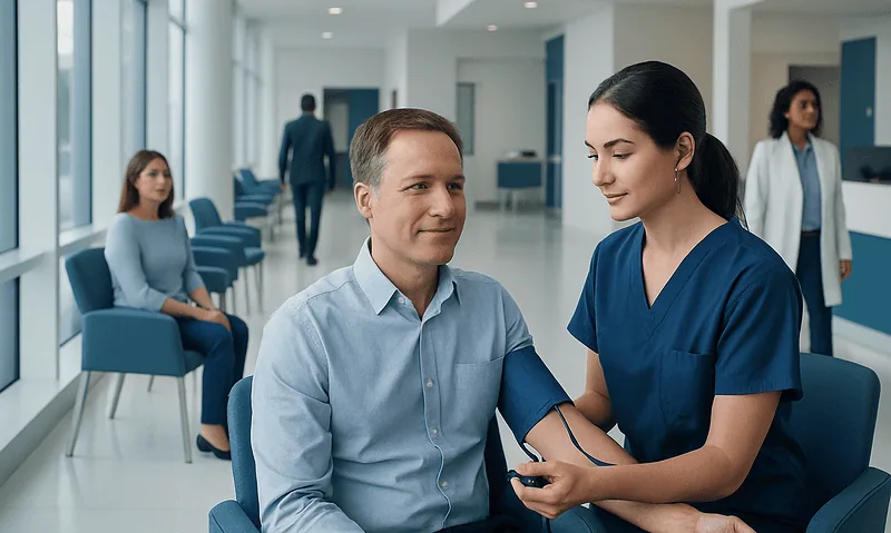 Patient having blood pressure checked by nurse in hospital waiting area.