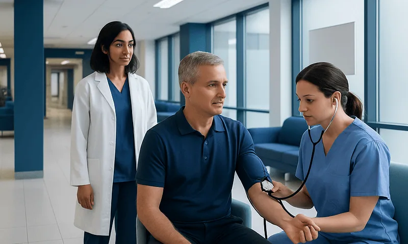 Doctor measuring blood pressure of a patient in a hospital corridor.