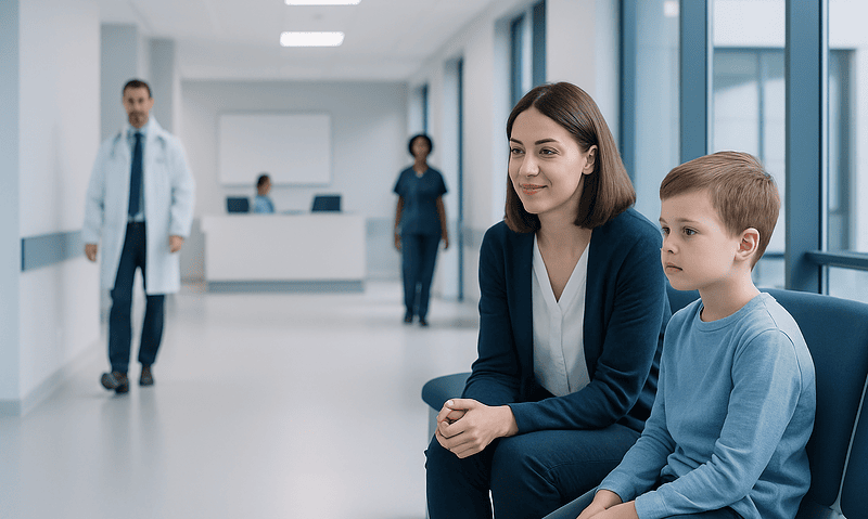 Child Psychologist: An Evidence-Based Guide for Patients 4 Child psychologist consulting with a young boy in a hospital corridor.