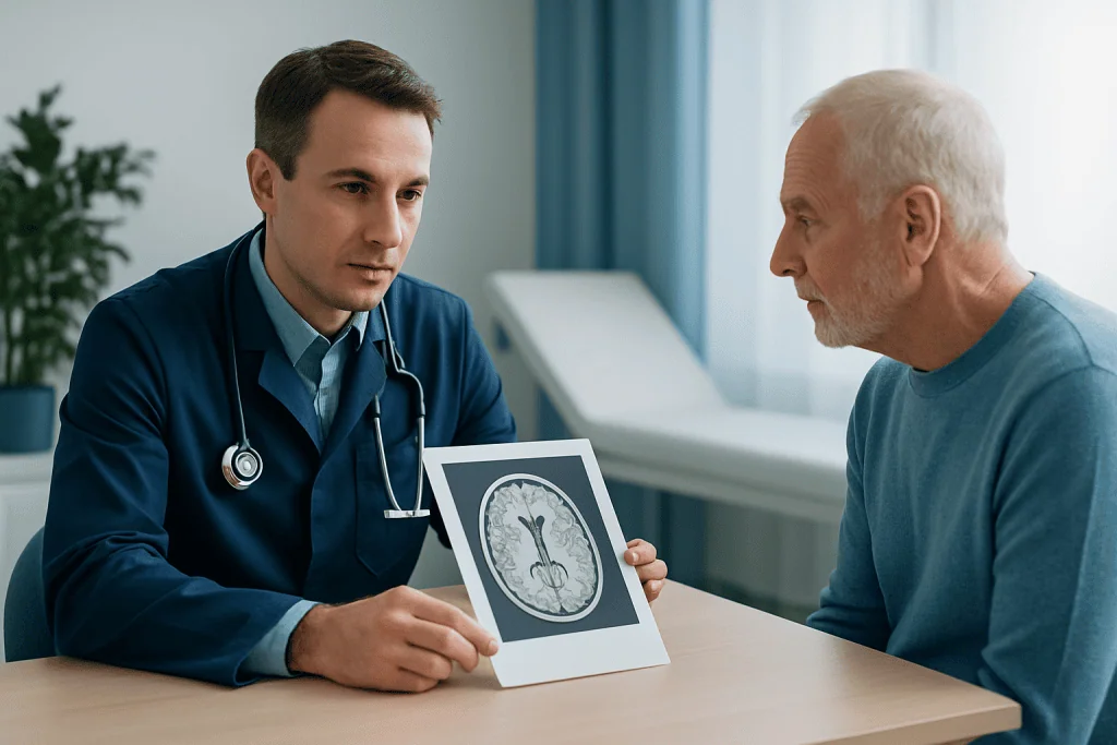 Doctor explaining brain scan to elderly patient in a medical consultation room.