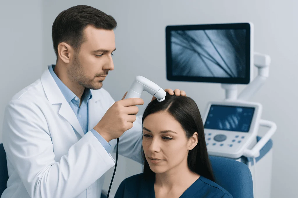 Dermatologist examining patient's scalp with specialized equipment at Acibadem Hospital.