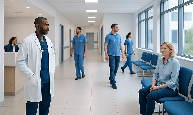 Medical staff and patient in hospital corridor at Acibadem Hospitals Group.