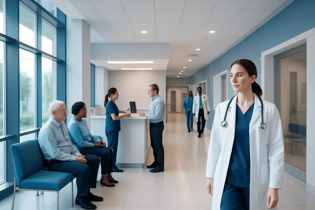 Ams Medical Abbreviation: What Patients Need to Know 1 Healthcare professionals and patients in a modern hospital corridor.