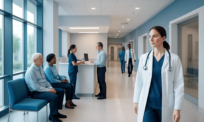 Healthcare professionals and patients in a modern hospital corridor.